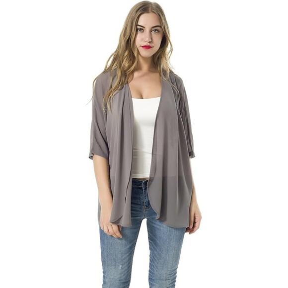 Light Short Sleeve Chiffon Cardigan Gray Large - Picture 2 of 6